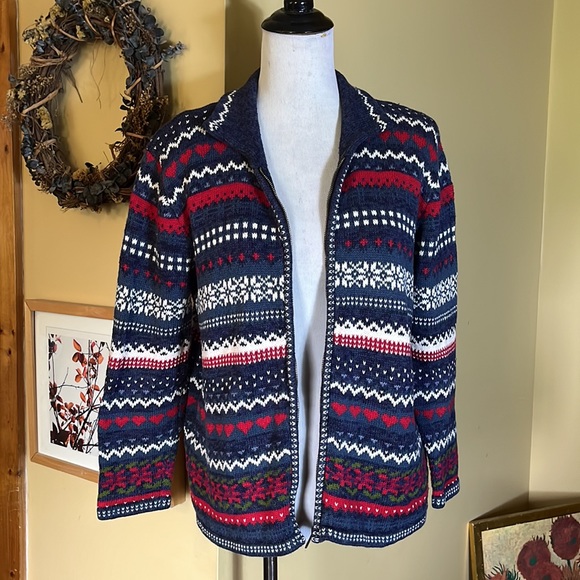 Vtg TIARA Size Small Graphic Knit Ski Winter Zip-Front Cardigan Ramie Cotton - Picture 3 of 12